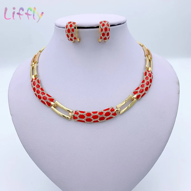 African Jewelry Sets Elegant Bridal Wedding Necklace Red Enamel Jewelry Classic Style Bracelet Earrings Rings for Women Jewelry