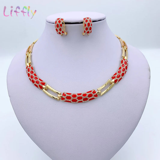 African Jewelry Sets Elegant Bridal Wedding Necklace Red Enamel Jewelry Classic Style Bracelet Earrings Rings for Women Jewelry
