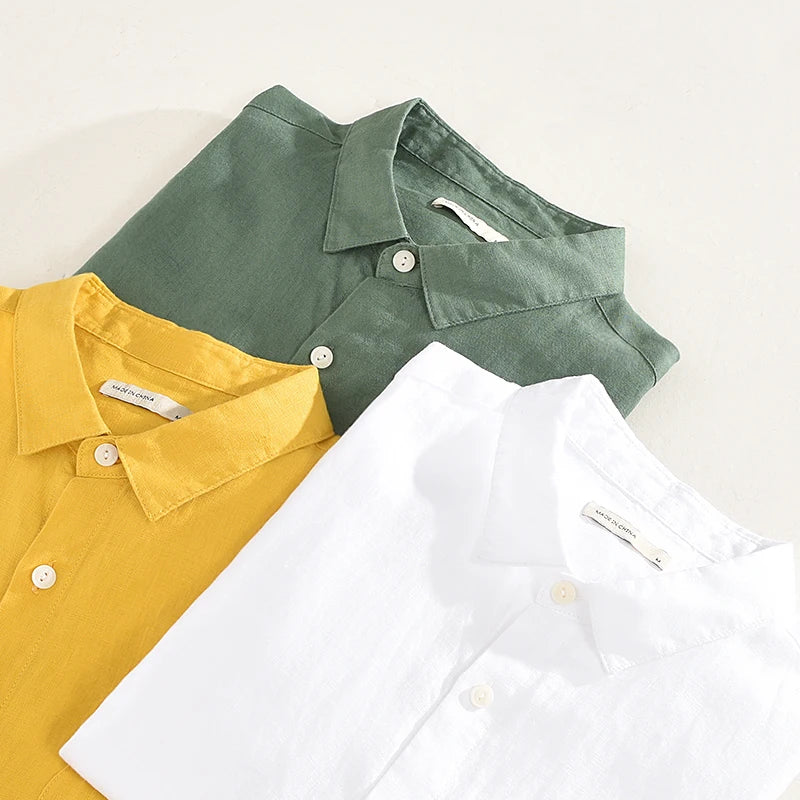 100% Linen new brand Italy casual solid shirt men fashion comfortable yellow shirts men chemise camisa tops mens clothes