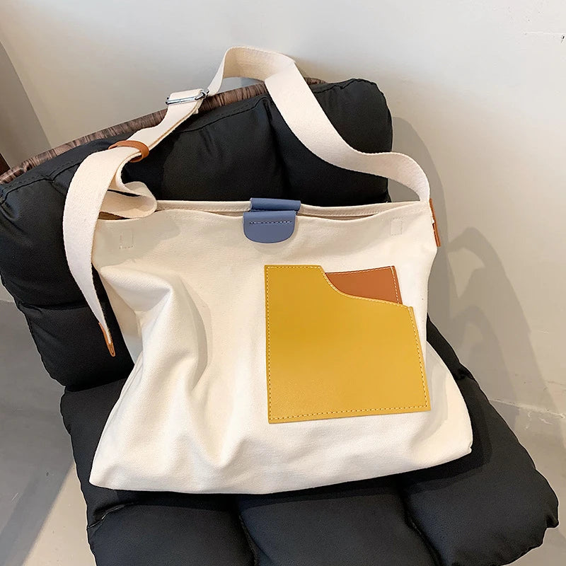 Large Capacity Canvas Tote Bags for Women 2021 New Contrast Color Bucket Travel Bag Simple Fashion Girl's Shopper Shoulder Totes