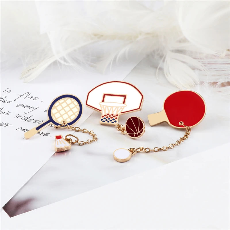 Sports Ball Series Brooch Soccer Basketball Ping Pong Enamel Pin with Chain Cartoon Fashion Accessories Denim Badge Jewelry Gift