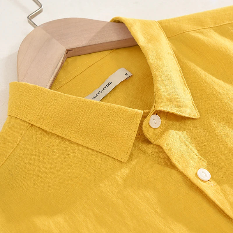 100% Linen new brand Italy casual solid shirt men fashion comfortable yellow shirts men chemise camisa tops mens clothes