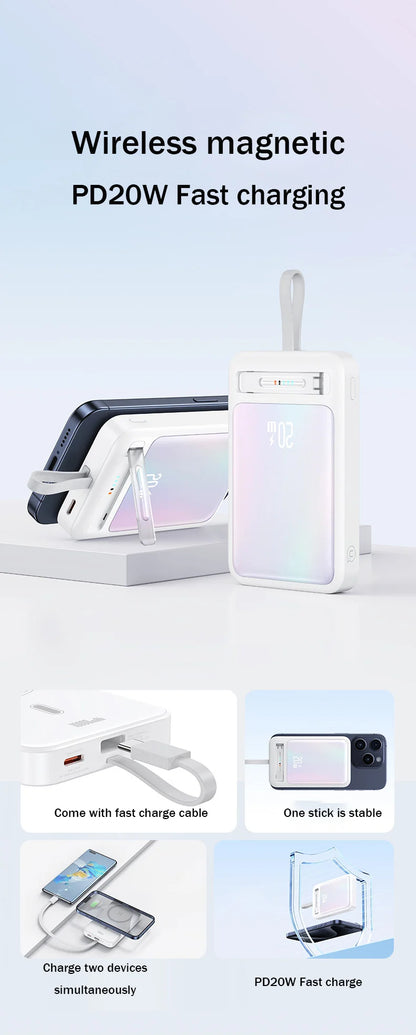Power Bank with Data Cable Magnetic Power Bank For iPhone 15 Mobile Phone Wireless Fast Charging PD20W With Holder Power Bank