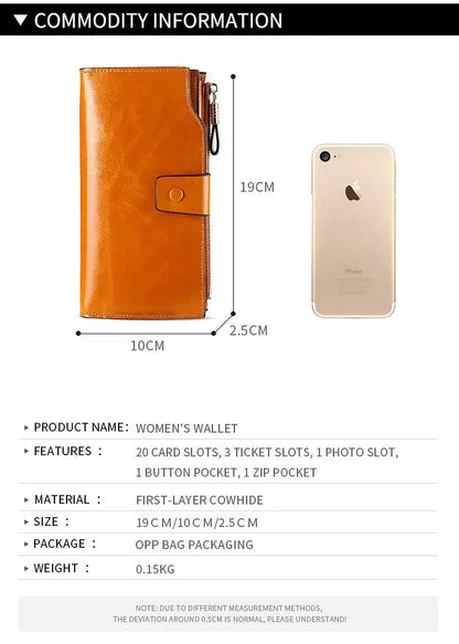 RFID Blocking 100% Genuine Leather Women Wallet Long Lady Purse Brand Design Luxury Bag Oil Wax Card Holder Female Coin Clips