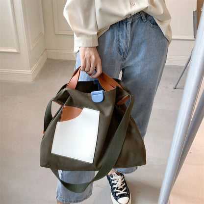 Large Capacity Canvas Tote Bags for Women 2021 New Contrast Color Bucket Travel Bag Simple Fashion Girl's Shopper Shoulder Totes