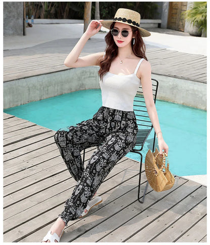 Women's Casual Print Palazzo Pants, Loose Sleep Pyjama Pants, Wide Leg, Thin Shorts, Cropped Pants, Summer Outdoor, ouc1143