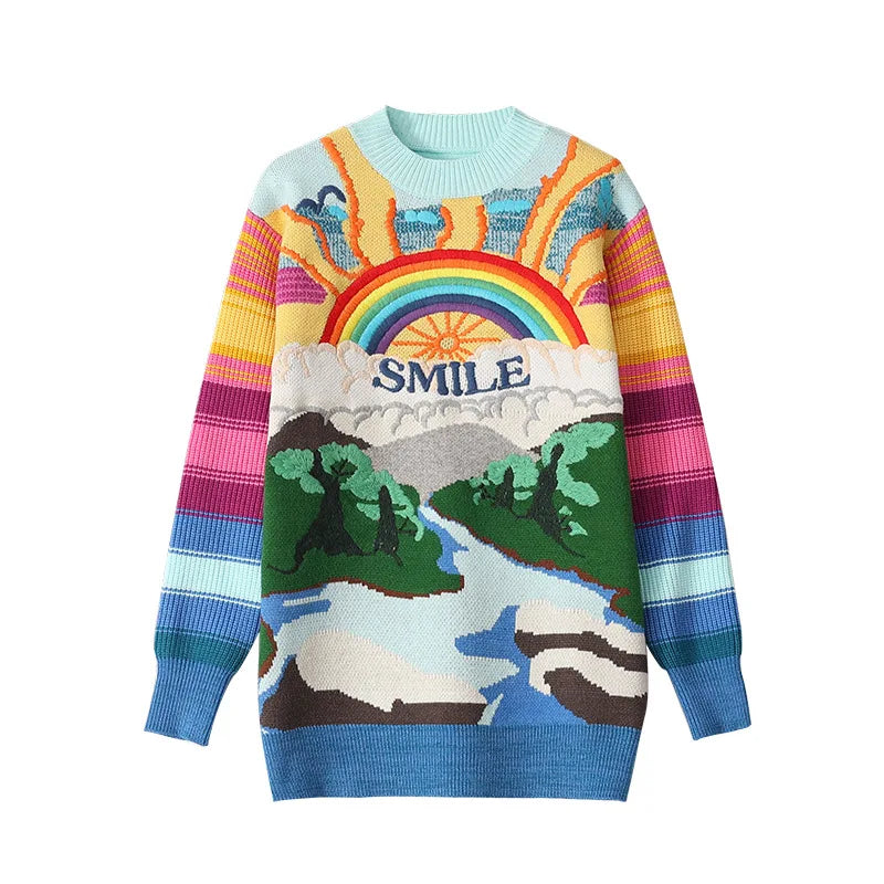 Oversized Sweater Women 2025 Fashion Rainbow Striped Embroidered Letters Knitted Pullovers Loose Casual Streetwear Tops C-119
