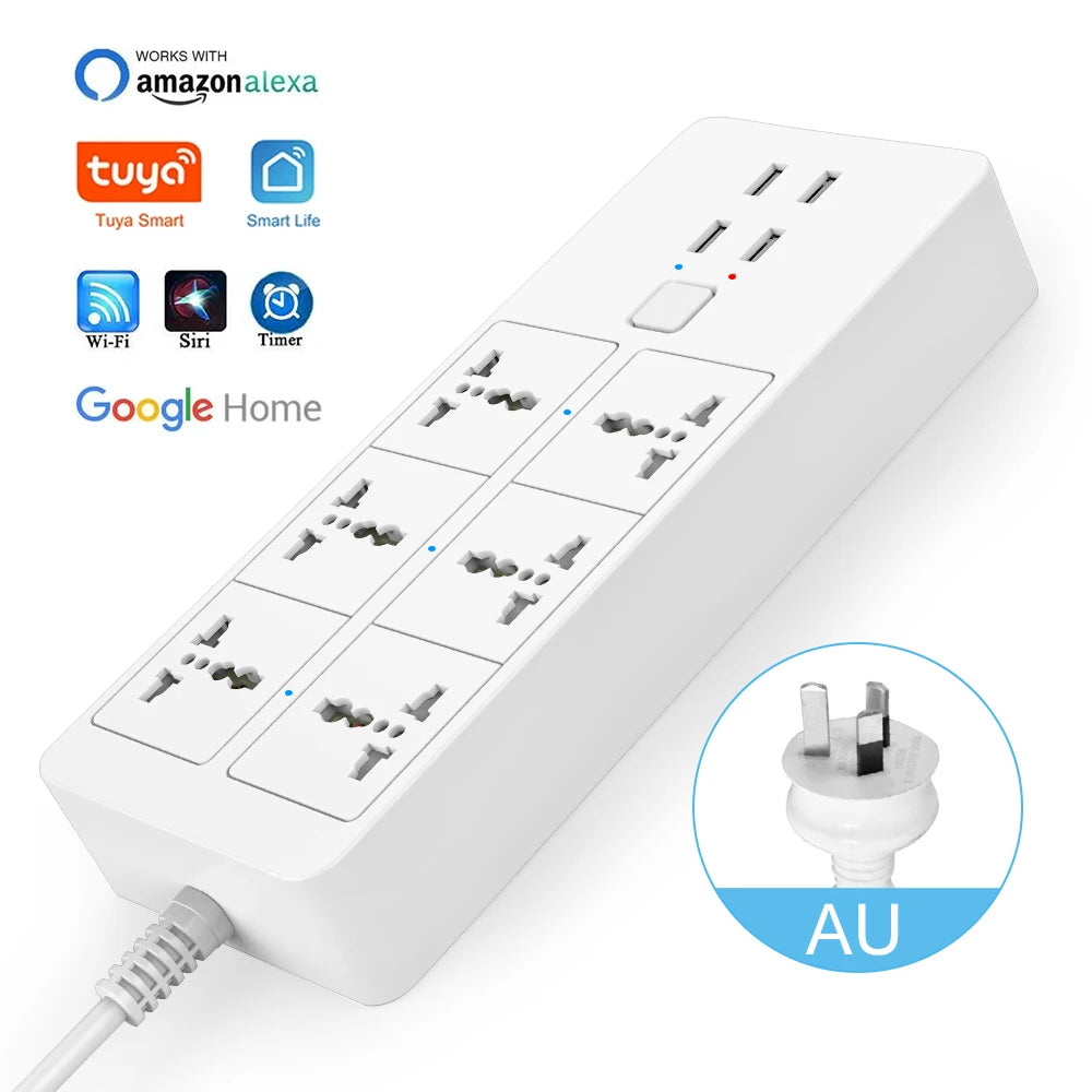 Smart Power Strip WIFI  Universal with 5V3.1A Alexa Googlehome Bluetooth Control Multi Plug 6AC 4USB Voice Contro UK/EU/US/AU