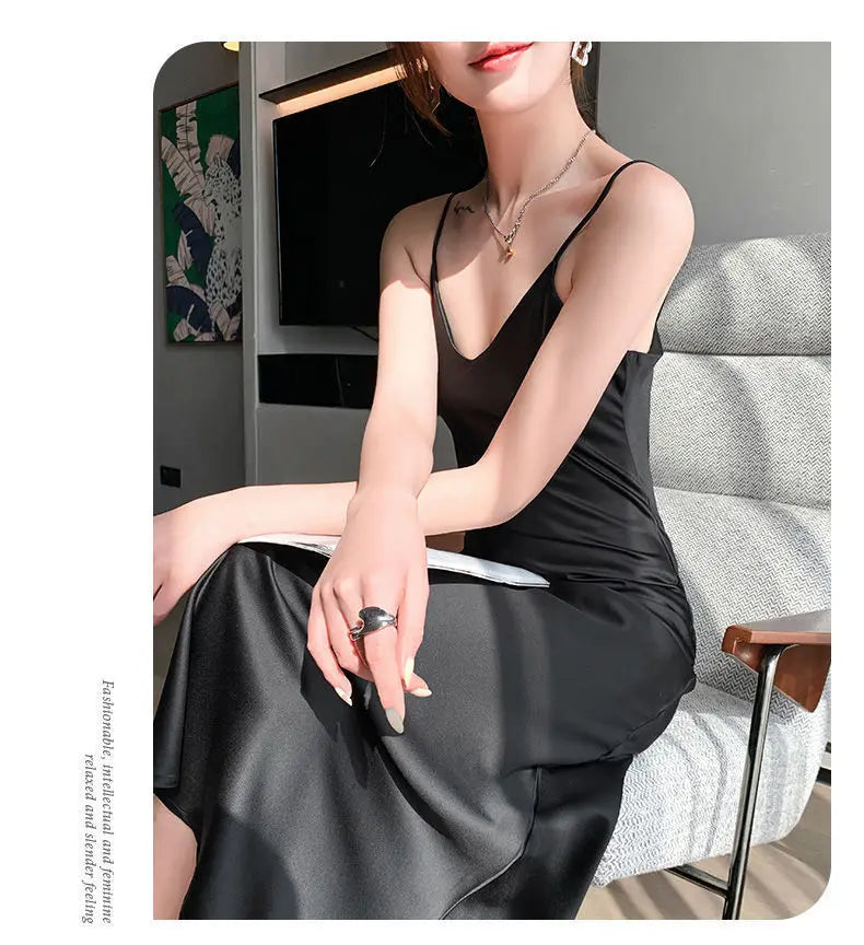 Vintage Satin Women's Dress Summer Sexy Spaghetti Strap Long Party Maxi Dresses Midi Robe Female Clothing