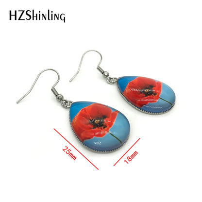 2021 Blue Floral Paintings Glass Cabochon Tear Drop Dangle Hook Earrings Handmade Crafts Jewelry
