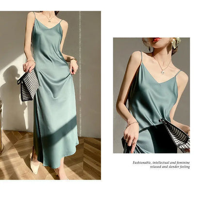 Vintage Satin Women's Dress Summer Sexy Spaghetti Strap Long Party Maxi Dresses Midi Robe Female Clothing