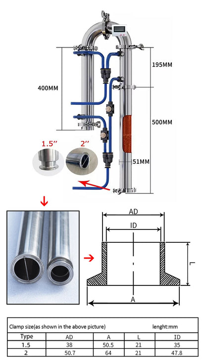 Tube distillation tower 1.5'' 2'' Distilling Column with Bottom Clamp Moonshine distiller brewing equipment with copper mesh