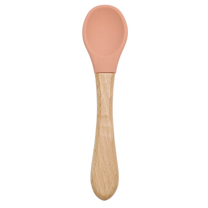 Feeding Wooden Handle Silicone Spoon For Baby Utensils Eat Soild Food Kids Training Manipulative Ability Children's Tableware