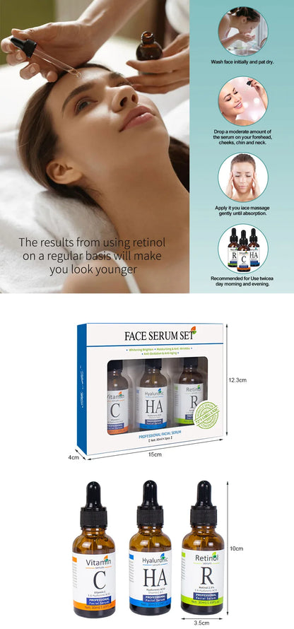 Facial Serums Skin Care Set  Moisturizing Retinol +Hyaluronic Acid + Vitamin C Serum Brightening Firming, & Hydrating Face Serum