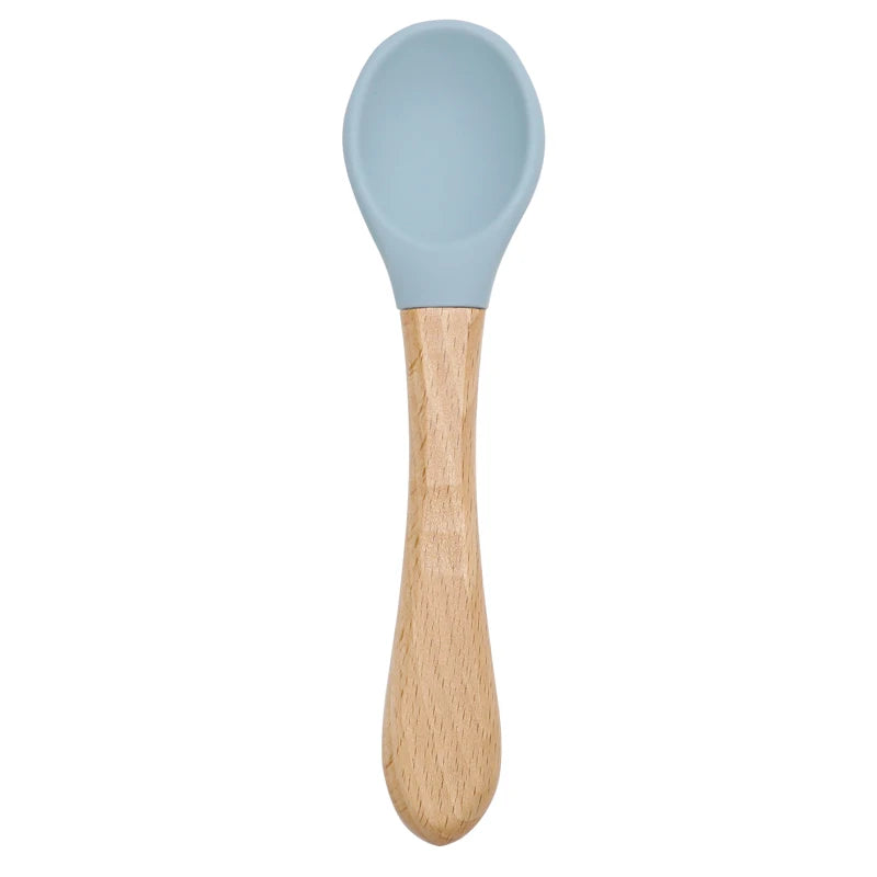 Feeding Wooden Handle Silicone Spoon For Baby Utensils Eat Soild Food Kids Training Manipulative Ability Children's Tableware