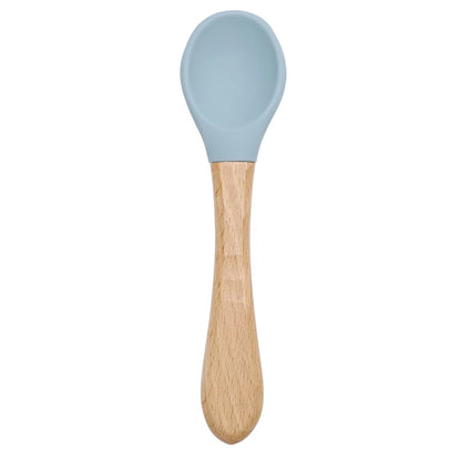 Feeding Wooden Handle Silicone Spoon For Baby Utensils Eat Soild Food Kids Training Manipulative Ability Children's Tableware