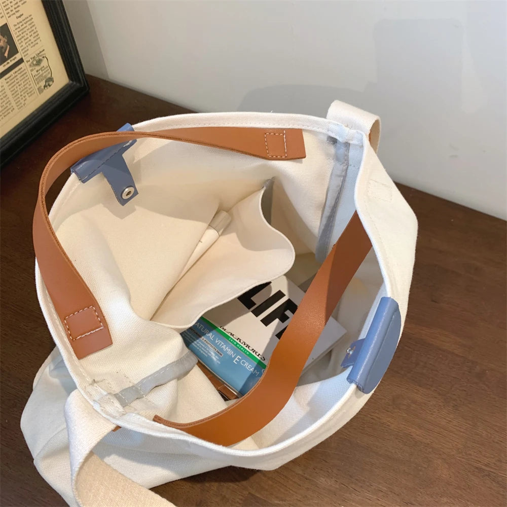Large Capacity Canvas Tote Bags for Women 2021 New Contrast Color Bucket Travel Bag Simple Fashion Girl's Shopper Shoulder Totes