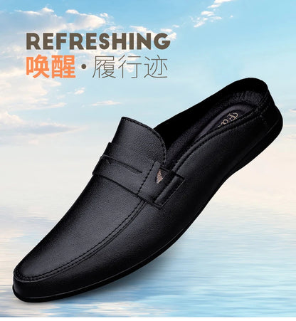 Quality Men Slippers Leather Men Mules Half Shoe Loafers Moccasins Outdoor Non-slip Black Beach Sandals Slides Zapato Hombre