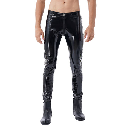 Moto Pants Leather Zipper Crotchless Pants Mens Clothing Fashion Wet Look Nightclub Performance Costumes Wet Look Trousers
