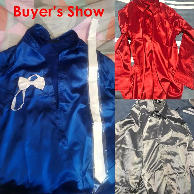 Black Mens Silk Dress Shirts 3Pcs(Shirt +Tie+Bowtie) Smooth Satin Shirt Men Slim Fit Party Prom Casual Shirts Men Social Camisa