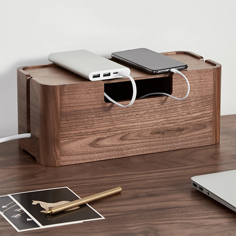 Cable Organizer Management Black Walnut Wood Storage Box Dustproof Junction Box Desktop Clip Holder For TV Box Organizer Shelf