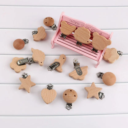 Kovict 5Pcs 19 Styles Beech Wooden Clips Metal Bracket DIY Pacifier Chain Handmade Crafts Accessories