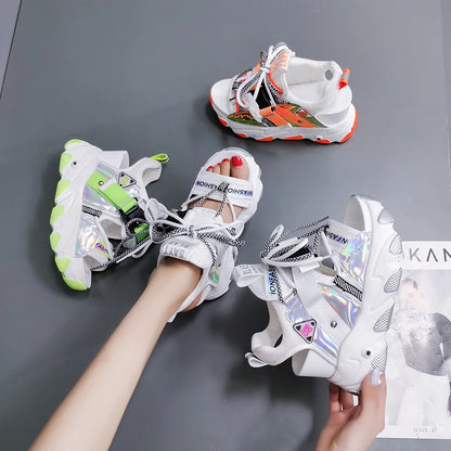 Women Chunky Platform Sandals Designers New Brand 2025 Summer Beach Casual Shoes Woman Lace Up Wedges 9CM Fashion Sandal Ladies