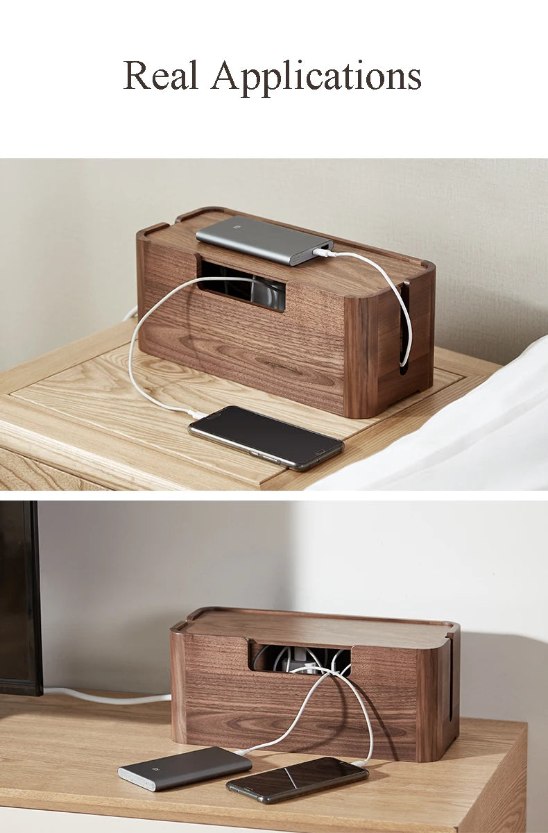 Cable Organizer Management Black Walnut Wood Storage Box Dustproof Junction Box Desktop Clip Holder For TV Box Organizer Shelf