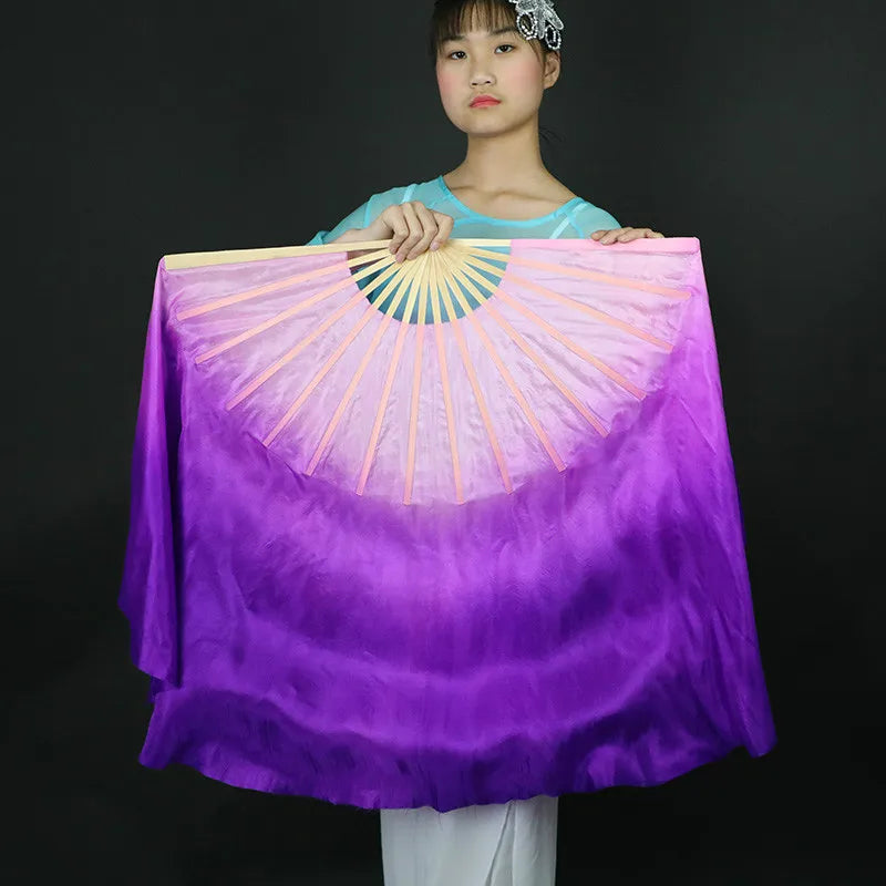 Chinese Classical Dance Hand Fan Large Yangko Dancing Silk Fan Lengthened Gradient Color Foldable Fans Performance Props