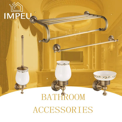 Bathroom Accessories Antique Brass Collection, Towel Ring, Paper Holder, Toilet Brush, Coat Hook, Bath Rack, Soap Dish, Faucet