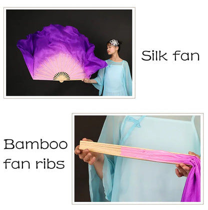 Chinese Classical Dance Hand Fan Large Yangko Dancing Silk Fan Lengthened Gradient Color Foldable Fans Performance Props