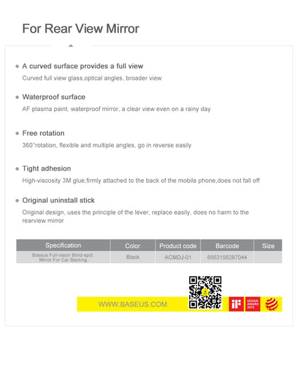 Baseus 2pcs Car Rear View Mirror Full Vision 360 Degree Wide Anger Parking Assitant Waterproof Auto Rearview Blind Spot Mirror