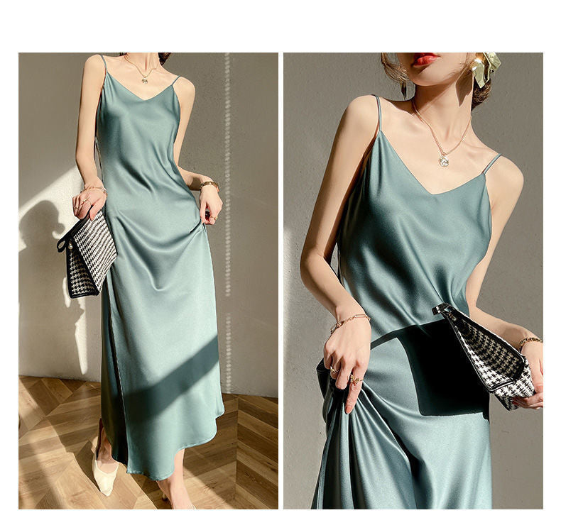 Vintage Satin Women's Dress Summer Sexy Spaghetti Strap Long Party Maxi Dresses Midi Robe Female Clothing