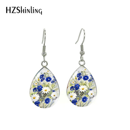 2021 Blue Floral Paintings Glass Cabochon Tear Drop Dangle Hook Earrings Handmade Crafts Jewelry