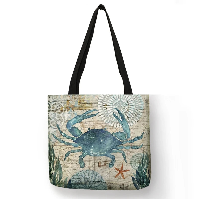 Casual Leisure Totes Bag Women Handbag Marine Animal Sea Turtle Horse Octopus Print Travel Shopping Shoulder Bags for Groceries