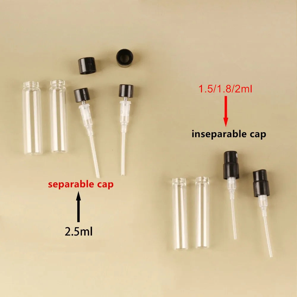 500pcs Invisible Springs Sprayer 1.5ml 1.8ml 2ml 2.5ml Bayonet Glass Perfume Bottle Sample Refillable For Fragrance Perfume