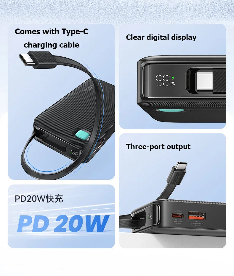 Hot Sale Bank Power With Cable Portable Power Bank PD 20W Fast Charger With Type C Cable Three Charger Port Bank Power