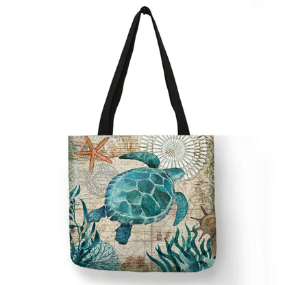 Casual Leisure Totes Bag Women Handbag Marine Animal Sea Turtle Horse Octopus Print Travel Shopping Shoulder Bags for Groceries