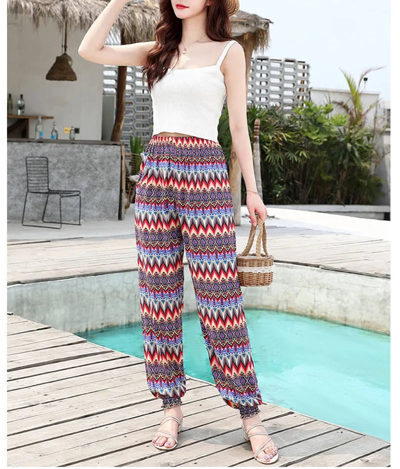 Women's Casual Print Palazzo Pants, Loose Sleep Pyjama Pants, Wide Leg, Thin Shorts, Cropped Pants, Summer Outdoor, ouc1143