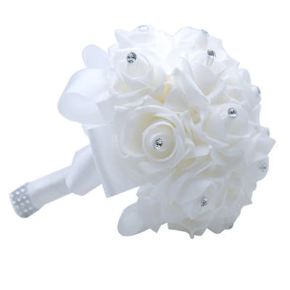 rosa flor Beautiful White Ivory Bridal Bridesmaid Flower Wedding Bouquet Artificial Flower Rose Bouquet Crystal Bridal Bouquets
