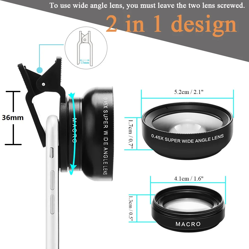 Phone Lens Kit 0.45x Super Wide Angle & 12.5x Super Macro Lens HD Camera Lentes for iPhone 12 11 Xiaomi Huawei All Cellphone