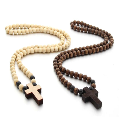 SOMESOOR Natural Wooden Cross Pendant Necklace Bracelet Round Beads Rosary Religious Accessories Jewelry For Men Women Gifts