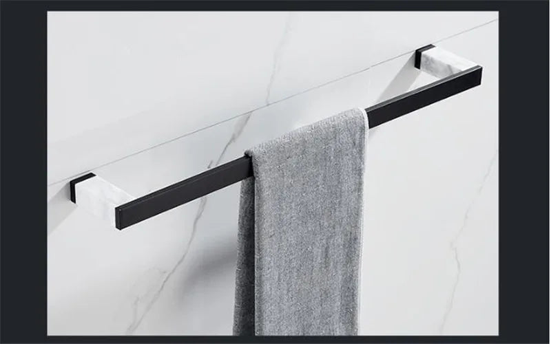 Bathroom Accessories Set Black Bathroom Shelf,Towel Rack,Towel Hanger Paper holder,Toilet Brush Holder Marble & Brass