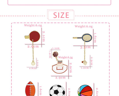 Sports Ball Series Brooch Soccer Basketball Ping Pong Enamel Pin with Chain Cartoon Fashion Accessories Denim Badge Jewelry Gift