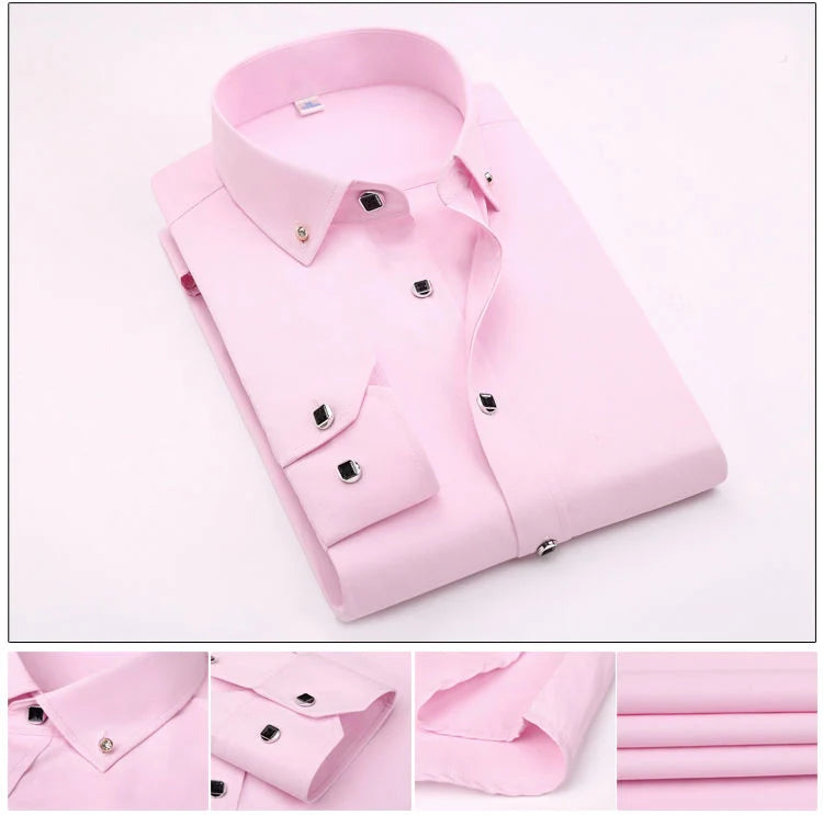 High Quality Men's Long Sleeve Shirt Dress Casual Solid Color Routine Fit Design Business Male Social Shirts White Blue Black