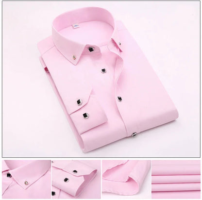 High Quality Men's Long Sleeve Shirt Dress Casual Solid Color Routine Fit Design Business Male Social Shirts White Blue Black