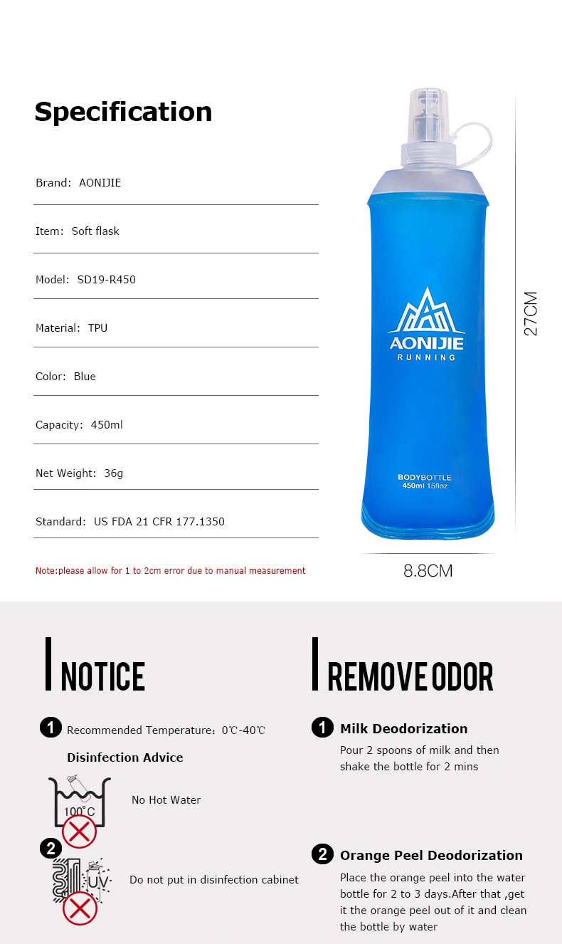 AONIJIE Soft Flask Water Bottle Folding Collapsible Water Bags TPU Free For Running Hydration Pack Waist Bags SD09/10 250/500ml