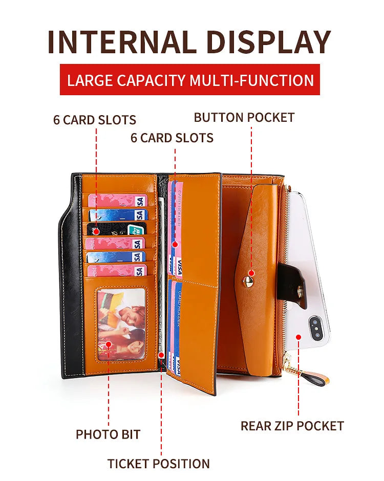 RFID Blocking 100% Genuine Leather Women Wallet Long Lady Purse Brand Design Luxury Bag Oil Wax Card Holder Female Coin Clips