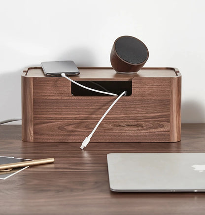 Cable Organizer Management Black Walnut Wood Storage Box Dustproof Junction Box Desktop Clip Holder For TV Box Organizer Shelf