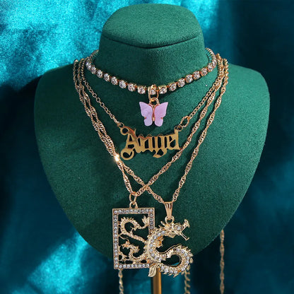 New Multi Layer Butterfly Dragon Charms Crystal Necklaces For Women Punk Golden Angel Letter Clavicle Chain Hiphop Gifts Jewelry